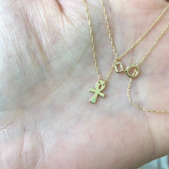14K Solid Gold Mini Cross Ankh Necklace - Picture 5 of 6